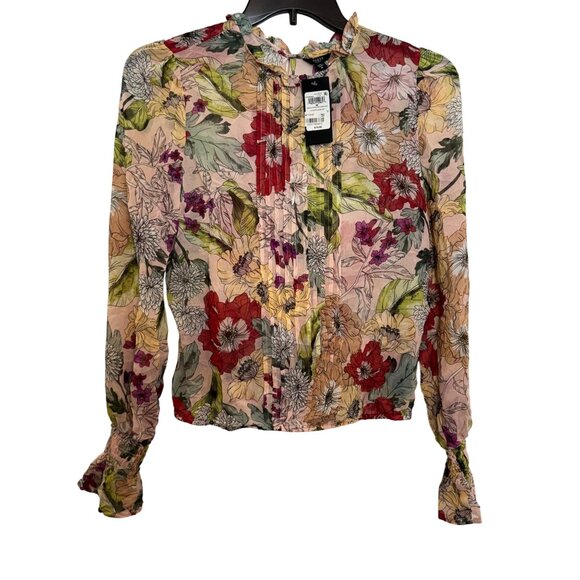 Guess Womens Pleated Long Sleeve Blouse Medium Multicolor Floral Print - Picture 1 of 5